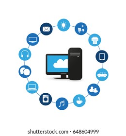 Cloud Computing, Networks Design Concept with Icons Representing Various Kinds of Digital Devices or IoT Services