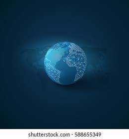 Cloud Computing and Networks with Globe - Abstract Global Digital Network Connections, Technology Concept Background, Creative Design Element Template with Wire Mesh Around the World