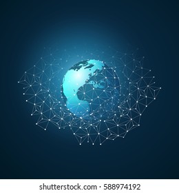 Cloud Computing and Networks with Globe - Abstract Global Digital Network Connections, Technology Concept Background, Creative Design Element Template with Wire Mesh Around the World
