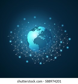 Cloud Computing and Networks with Globe - Abstract Global Digital Network Connections, Technology Concept Background, Creative Design Element Template with Wire Mesh Around the World