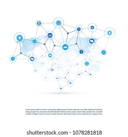 Cloud Computing, Networks Structure, Telecommunications Concept Design, Worldwide Network Connections with World Map, Transparent Geometric Mesh and Icons - Vector Illustration