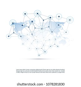 Cloud Computing, Networks Structure, Telecommunications Concept Design, Worldwide Network Connections with World Map and Transparent Geometric Mesh  - Vector Illustration