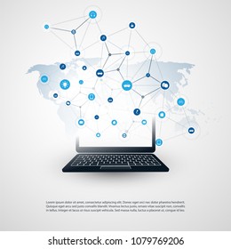 Cloud Computing, Networks Structure, Telecommunications Concept Design, Worldwide Network Connections with World Map, Notebook, Transparent Geometric Mesh and Icons - Vector Illustration
