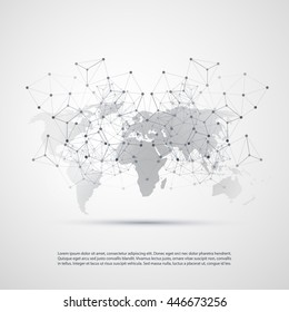 Cloud Computing and Networks with World Map - Abstract Global Digital Network Connections, Technology Concept Background, Creative Design Element Template with Transparent Geometric Grey Wire Mesh