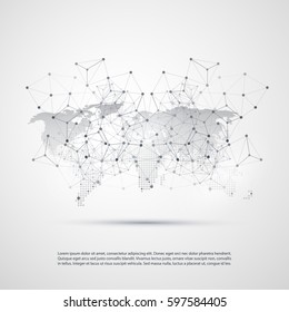 Cloud Computing and Networks with World Map - Abstract Global Digital Network Connections, Technology Concept Background, Creative Design Element Template with Transparent Geometric Grey Wire Mesh