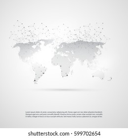 Cloud Computing and Networks with World Map - Abstract Global Digital Network Connections, Technology Concept Background, Creative Design Element Template with Transparent Geometric Grey Wire Mesh
