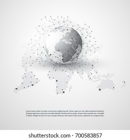 Cloud Computing and Networks with World Map - Abstract Global Digital Network Connections, Technology Concept Background, Creative Design Element Template with Transparent Geometric Grey Wire Mesh 