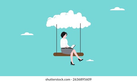 cloud computing on corporate infrastructure, remote work or work from home, technology to connect humans to complete work, woman working using laptop sitting on cloud swing concept illustration