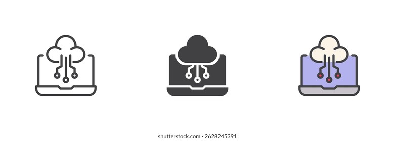 Cloud computing on a laptop different style icon set. Line, glyph and filled outline colorful version, outline and filled vector sign. Symbol, logo illustration. Vector graphics