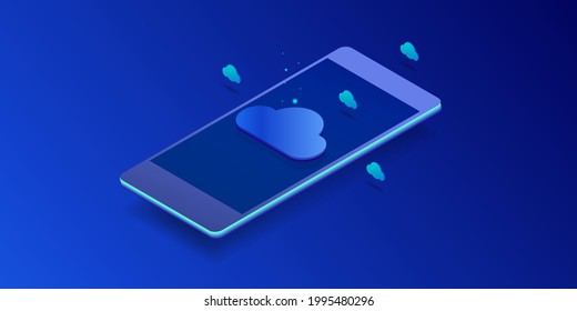 Cloud computing on mobile, mobile cloud storage, mobile app cloud - conceptual 3d isometric vector illustration with icons