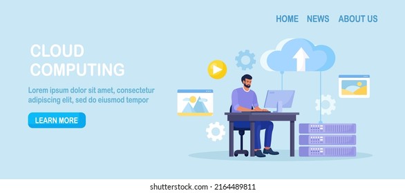 Cloud computing, base de datos en línea, alojamiento web. Personas que almacenan datos y procesan datos en el servidor web. Hombre que usa información de carga y descarga de computadora en almacenamiento en la nube. Diseño de vectores