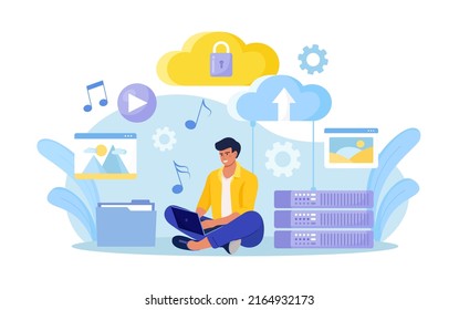 Cloud computing, online database, web hosting. People storing data and processing data on web server. Man using computer upload and download information on cloud storage. Vector design