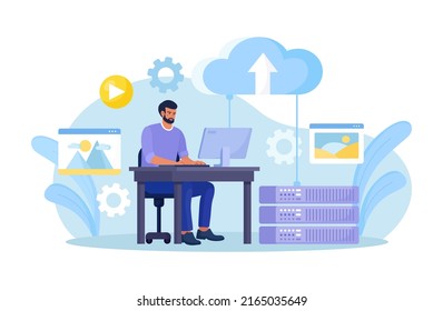 Cloud computing, base de datos en línea, alojamiento web. Personas que almacenan datos y procesan datos en el servidor web. Hombre que usa información de carga y descarga de computadora en almacenamiento en la nube. Diseño de vectores