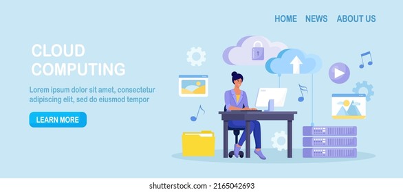 Cloud computing, online database, web hosting. People storing data and processing data on web server. Woman using computer upload and download information on cloud storage. Vector design