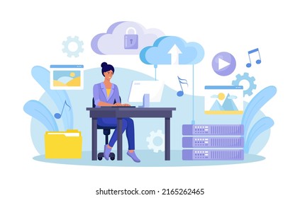 Cloud computing, online database, web hosting. People storing data and processing data on web server. Woman using computer upload and download information on cloud storage. Vector design