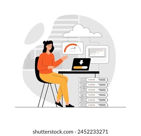 Cloud computing, online database, web hosting, web data center. Woman storing data on cloud server. Illustration with people scene in flat design for website and mobile development.	
