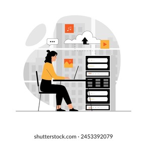 Cloud computing, online database, web hosting. Woman using laptop upload and download information on cloud storage. Illustration with people scene in flat design for website and mobile development.