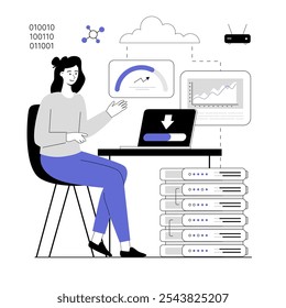 Computação em nuvem, banco de dados on-line, hospedagem na Web, data center na Web. Mulher armazenando dados no servidor de nuvem. Ilustração vetorial com pessoas de linha para web design.	
