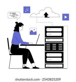 Computação em nuvem, banco de dados on-line, hospedagem na Web. Mulher usando upload de laptop e baixar informações sobre armazenamento em nuvem. Ilustração vetorial com pessoas de linha para web design.	
