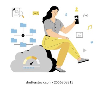 Cloud Computing, Online Database, Web Hosting, Web Data Center. Woman uses her smartphone to manage cloud storage services. Vector illustration on isolated white background.	
