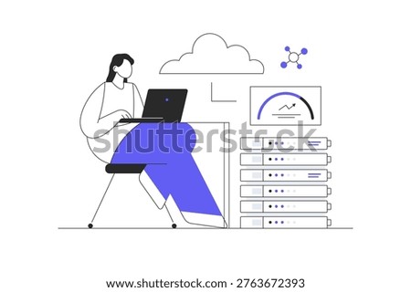 Cloud computing, online database, web hosting, web data center. Woman storing data on cloud server.  Flat Cartoon Vector Illustration, icon Stylish abstract design landing page web
