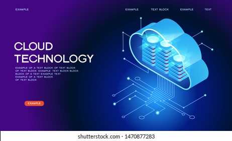 Cloud computing.  Online devices upload, download information. Data in database on cloud services. Isometric concept. Modern 3d isometric vector illustration of web page.