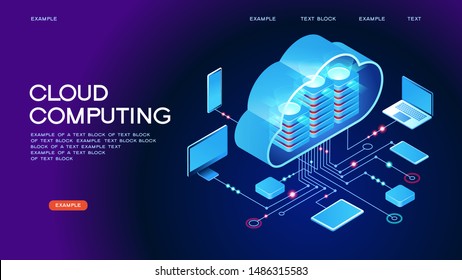 Cloud computing.  Online devices upload, download information. Data in database on cloud services. Isometric concept. Modern 3d isometric vector illustration of web page.