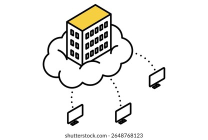 Cloud computing and online service delivery isometric line icon with internet symbol and cloud infrastructure, Vector Illustration