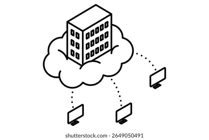 Icône de ligne isométrique pour l'informatique en nuage et la prestation de services en ligne avec symbole Internet et infrastructure en nuage, noir et blanc, Illustration vectorielle
