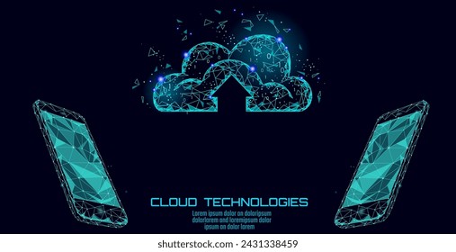 Cloud computing online storage app low poly. Polygonal future modern internet business technology. Smartphone global data information exchange background vector illustration