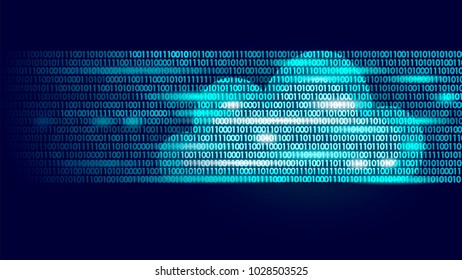Cloud computing online storage binary code numbers. Big data information future modern internet business technology. Blue glowing global file exchange available background vector illustration