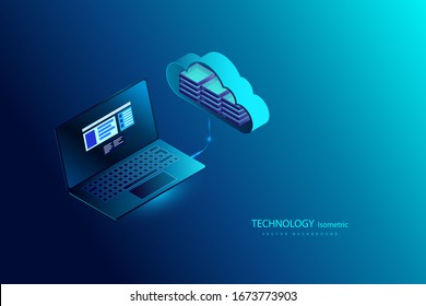 Cloud computing online storage. Cloud data storage isometric infographic. 3d servers and datacenter connection network. Landing page,laptop, smart modern technolodgy concept with gadgets, smartphone.