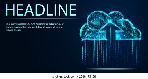 Cloud computing online storage low poly. Polygonal future modern internet business technology. Blue glowing global data information exchange available background vector illustration. Low poly