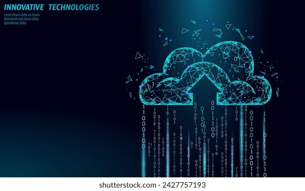 Almacenamiento en línea de computación en la nube bajo poli. Poligonal futuro moderno Internet tecnología de negocios. Azul resplandeciente información global de datos intercambio de fondo ilustración vectorial disponible