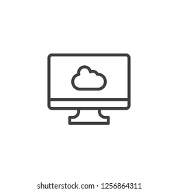 Cloud computing outline icon. linear style sign for mobile concept and web design. Monitor with cloud simple line vector icon. Symbol, logo illustration. Pixel perfect vector graphics