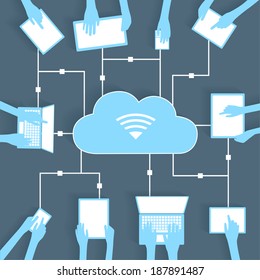 Cloud Computing Paper Cutout BYOD Devices  Remote distance learning or work from home during coronavirus quarantine   - Wifi Internet Connectivity concept, EPS10 Grouped and Layered 