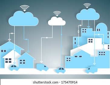 Cloud Computing Paper Cutout City and Suburb Network - Wifi Internet Connectivity concept, EPS10 Grouped and Layered