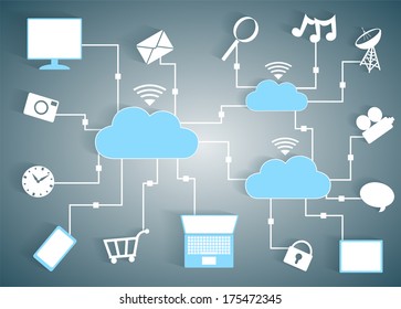Cloud Computing Paper Cutout Icons BYOD Devices Network - Wifi Internet Connectivity concept, EPS10 Grouped and Layered