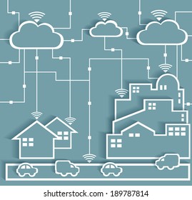 Cloud Computing Paper Cutout Stickers Ciudad y Suburbio Red - Concepto de Conectividad a Internet Wifi, EPS10 Agrupado y en Capas 