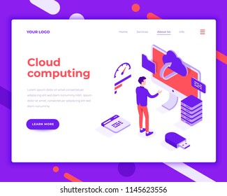 Cloud Computing People And Interact With Screen. Landing Page Template. 3d Isometric Vector Illustration.