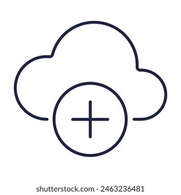 Cloud computing with a plus line icon. Internet data storage symbol for web and mobile.. Add file outline logo isolated on white background. Editable vector stroke. Pixel Perfect.