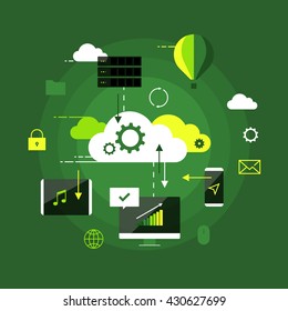 Cloud computing presentation infographic concept. Internet web technology interactive process in flat design style. Hosting server connection vector illustration.
