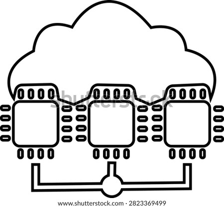 Cloud Computing Processor Network Icon, Cloud Infrastructure, Distributed Servers, Data Processing, Cloud Technology Flat and Line Vector Symbols Isolated on Transparent Background