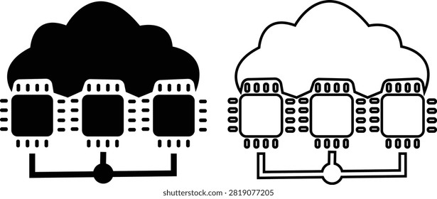 Cloud Computing Processor Network Icons Set Collection , Cloud Infrastructure, Distributed Servers, Data Processing, Cloud Technology Flat and Line Vector Symbols Isolated on Transparent Background
