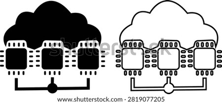 Cloud Computing Processor Network Icons Set Collection , Cloud Infrastructure, Distributed Servers, Data Processing, Cloud Technology Flat and Line Vector Symbols Isolated on Transparent Background