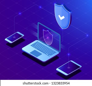 Cloud computing protect technology. Protect all devices application. Isometric illustration with tablet phone and laptop. Vector illustration.