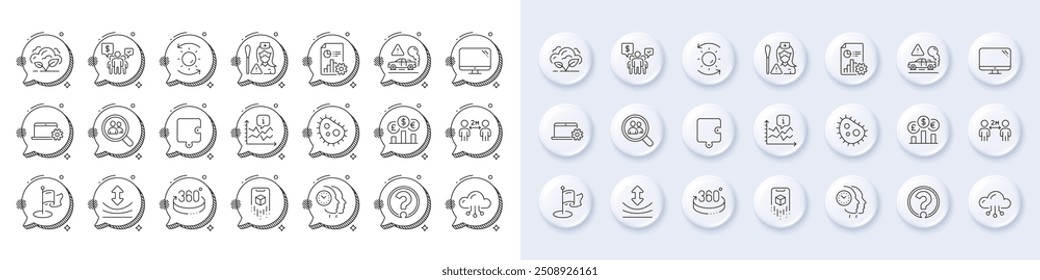 Iconos de línea de computación en la nube, rompecabezas y escape. Botones 3d de pin blanco, iconos de burbujas de chat. Paquete de bacterias, hito, icono de informe. Enfermera, trabajo en equipo, pictograma de gestión del tiempo. Vector