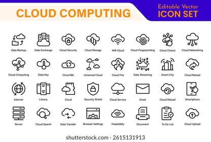 Cloud Computing and Quantum Technology Icon Set – Vector, Outline, Minimal, Line, Illustration – AI, Data Science, Blockchain, Cybersecurity, Neural Network