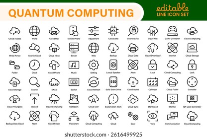 Cloud Computing and Quantum Technology Icon Set – Vector, Outline, Minimal, Line, Illustration – AI, Data Science, Blockchain, Cybersecurity, Neural Network