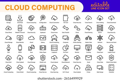 Cloud Computing and Quantum Technology Icon Set – Vector, Outline, Minimal, Line, Illustration – AI, Data Science, Blockchain, Cybersecurity, Neural Network